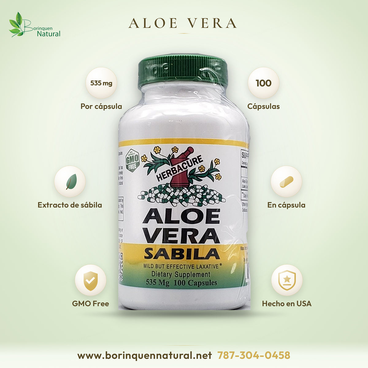 Aloe Vera Sábila de Herbacure, 535 mg por cápsula, frasco de 100 cápsulas, libre de transgénicos y hecho en Estados Unidos