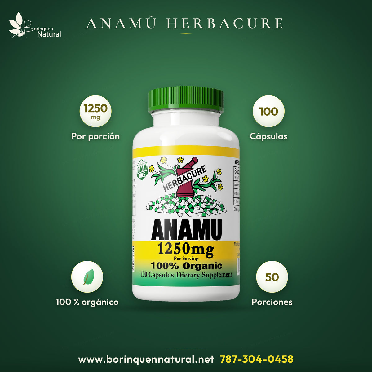 Anamú de Herbacure, 1250 mg por porción, frasco de 100 cápsulas, 100 % orgánico