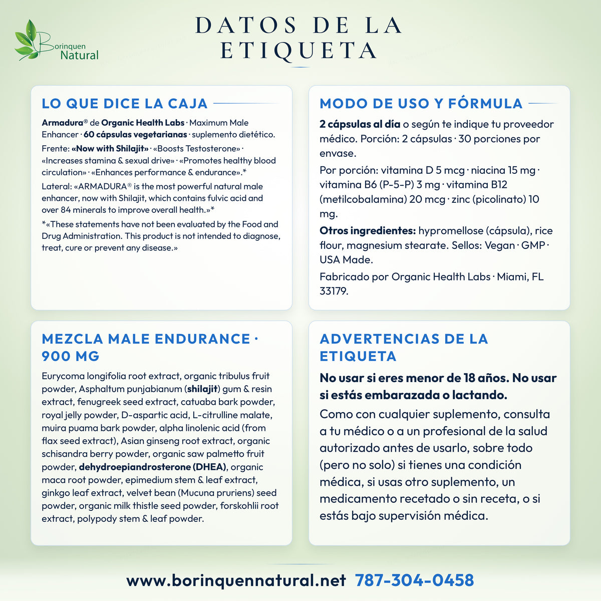 Datos de la etiqueta de Armadura de Organic Health Labs: lo que dice la caja, modo de uso, ingredientes de la mezcla y advertencias