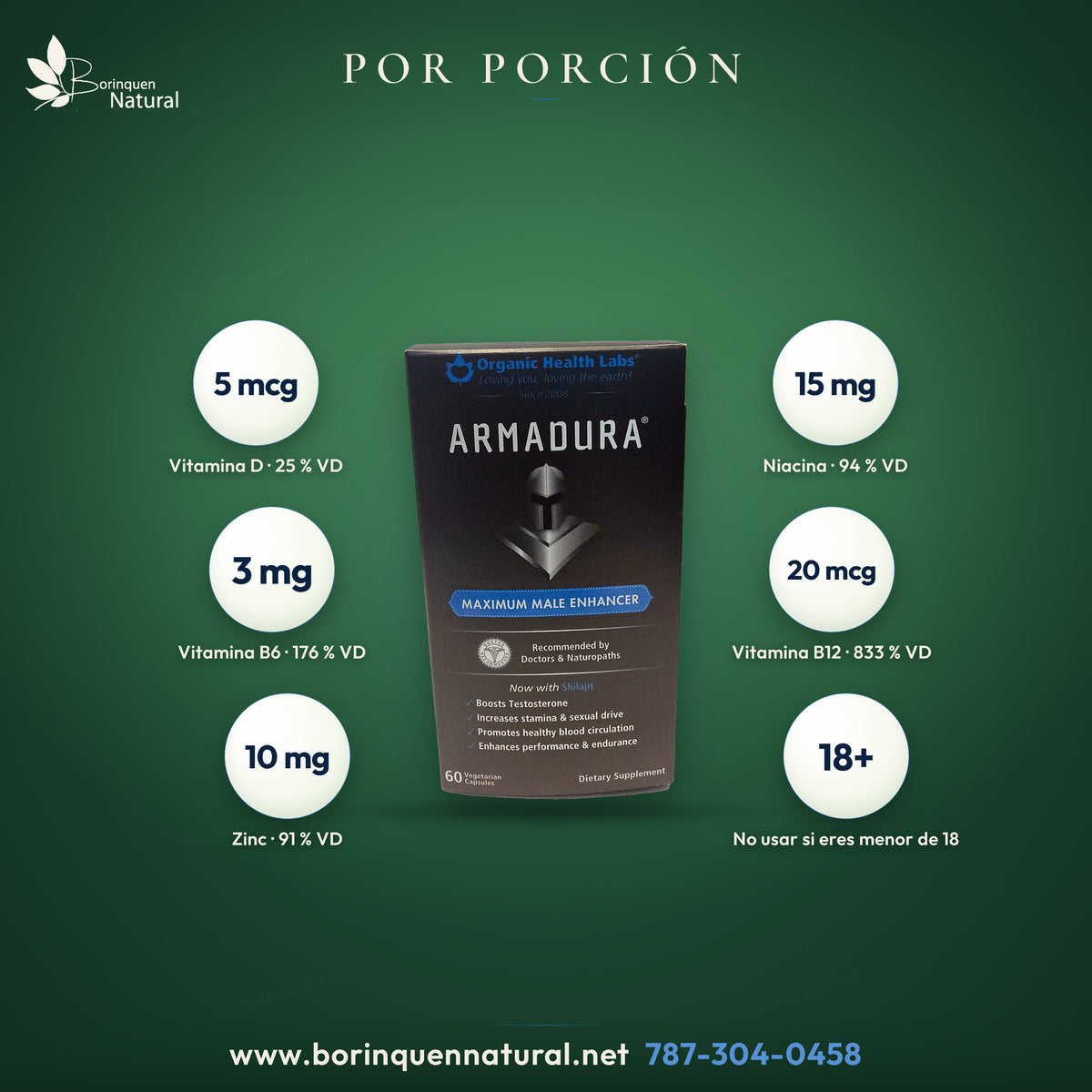 Supplement Facts de Armadura por porción de 2 cápsulas: vitamina D, niacina, vitamina B6, vitamina B12 y zinc; solo mayores de 18 años