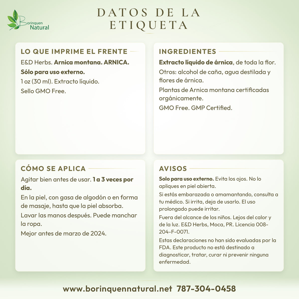Datos de la etiqueta del árnica E&D: uso externo, precauciones y fabricante