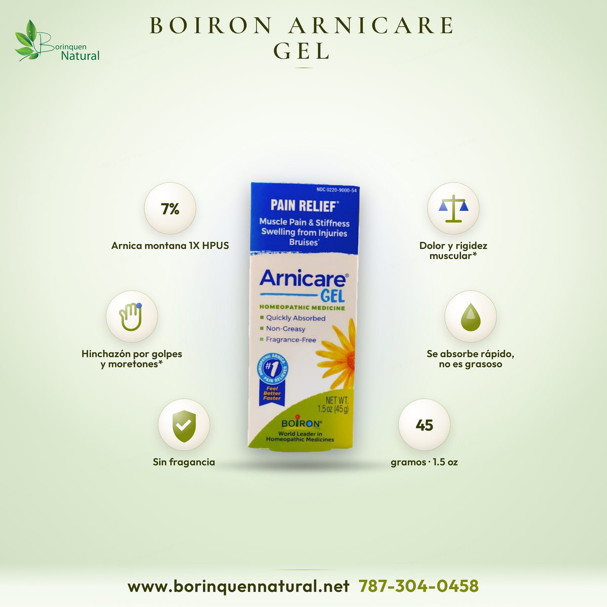 Arnicare Gel de Boiron, gel homeopático de árnica para dolor y rigidez muscular, hinchazón y moretones, 1.5 oz