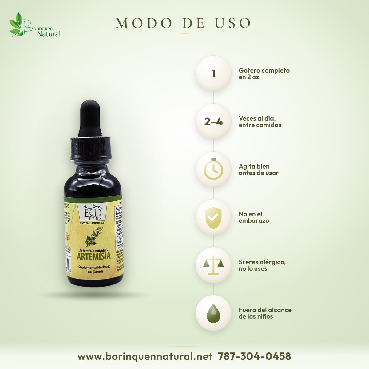Modo de uso de la Artemisia E&D: un gotero en 2 oz, de 2 a 4 veces al día