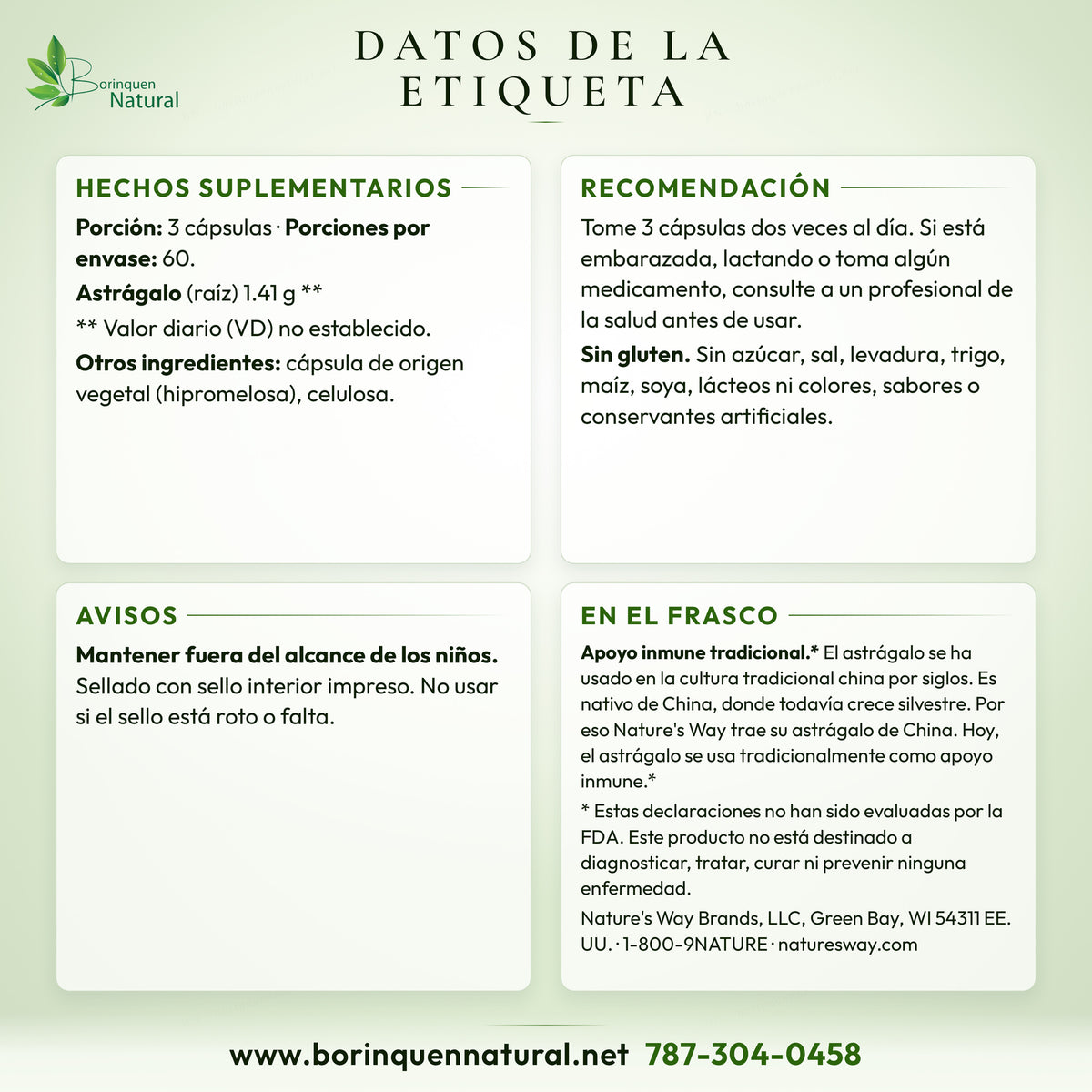 Datos de la etiqueta del astrágalo de Nature's Way: hechos suplementarios, recomendación y avisos