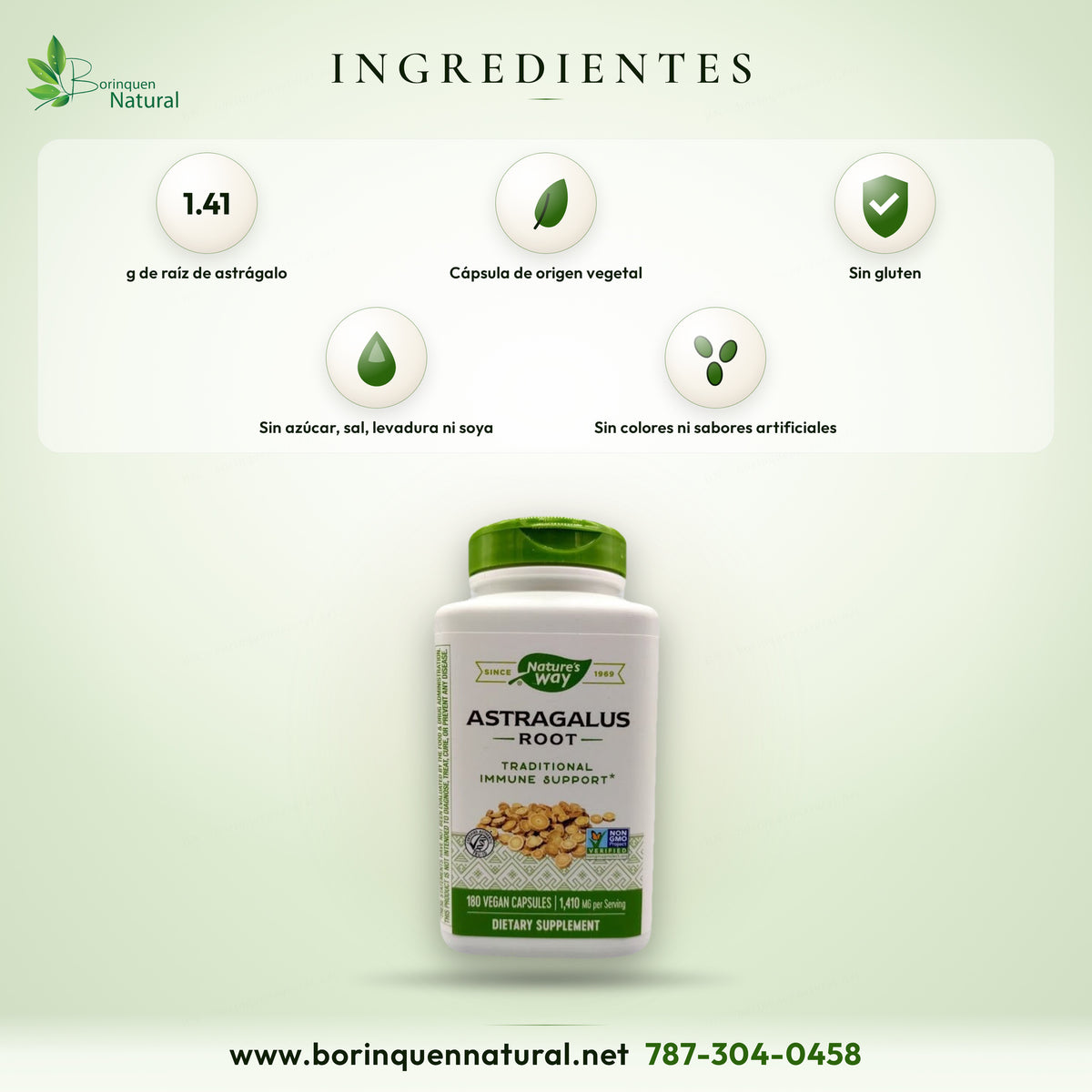 Ingredientes del astrágalo de Nature's Way: 1.41 g de raíz de astrágalo por porción, en cápsula vegetal, sin gluten