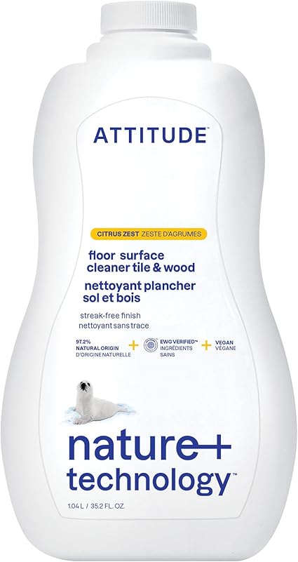Attitude Floor Surfaces Cleaner Tiles &amp; Wood Citrus Zest – Limpiador para Pisos de Baldosas y Madera, Aroma Cítrico