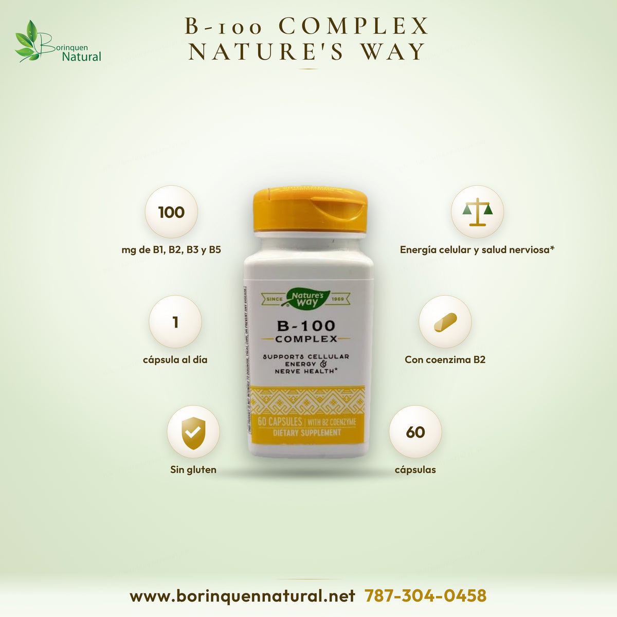 B-100 Complex de Nature's Way, complejo de vitaminas B con coenzima B2, frasco de 60 cápsulas