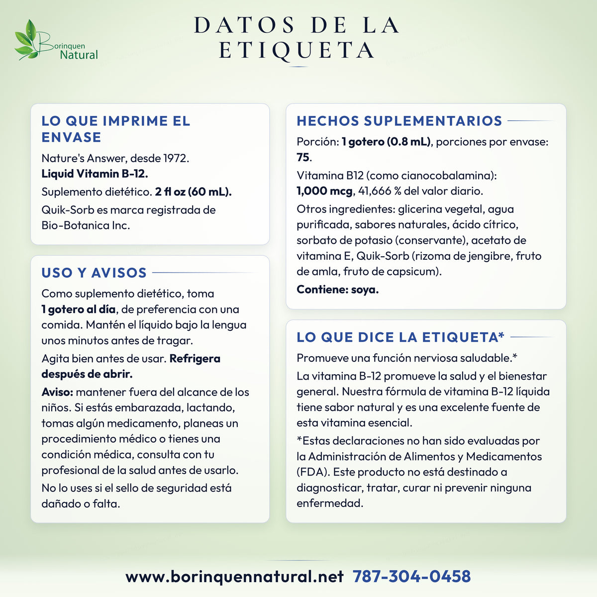 Datos de la etiqueta de la B12 líquida Nature's Answer: hechos suplementarios, uso, avisos y alérgenos