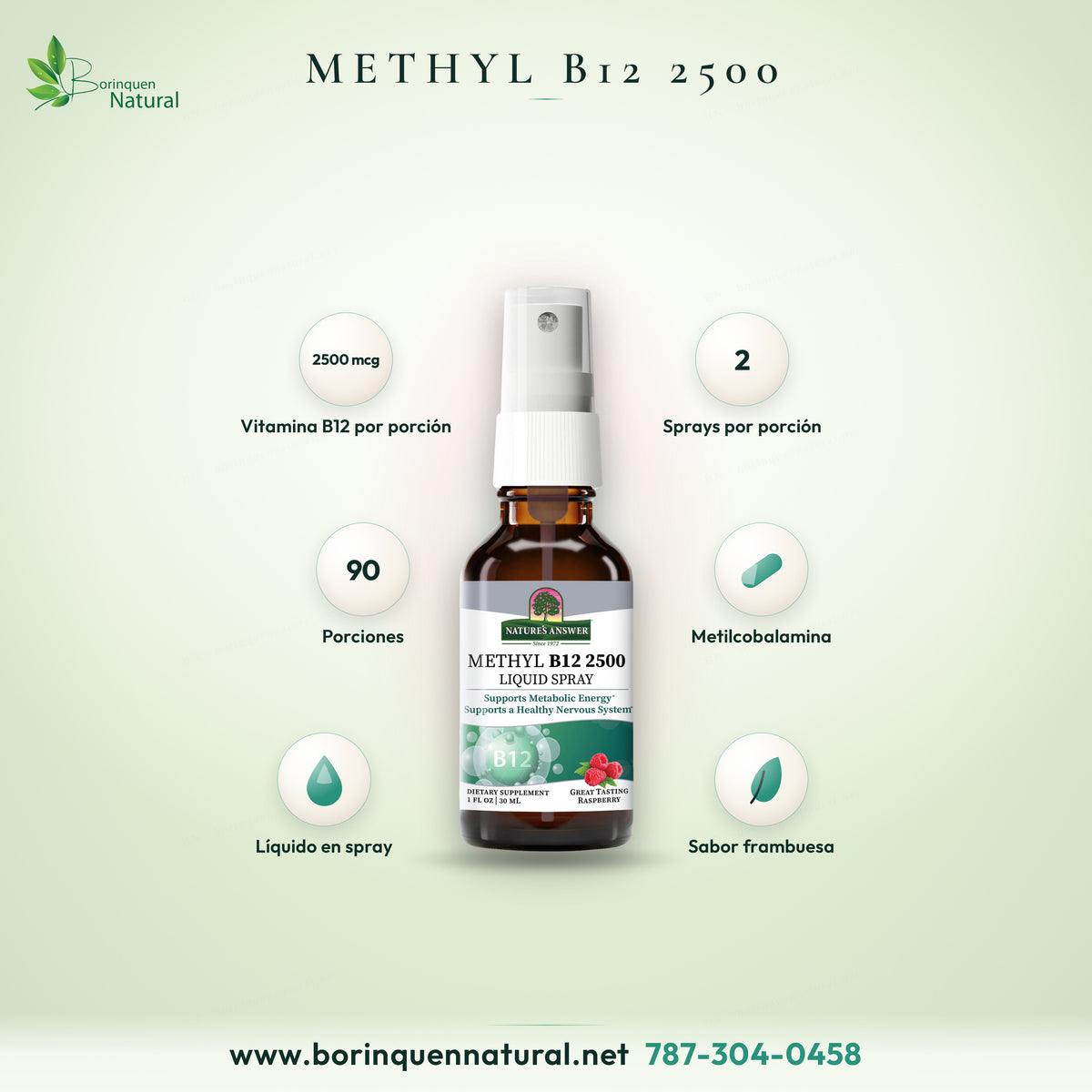 Methyl B12 2500 Liquid Spray de Nature's Answer, 2,500 mcg de vitamina B12 por porción, frasco de 1 fl oz con sabor a frambuesa