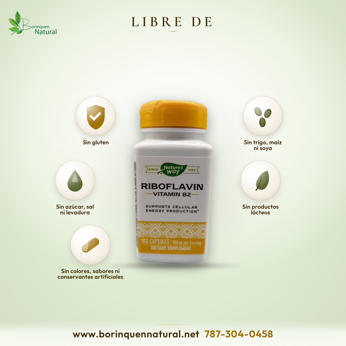 Vitamina B2 Nature's Way: sin gluten, azúcar, sal, levadura, trigo, maíz, soya, lácteos ni colorantes