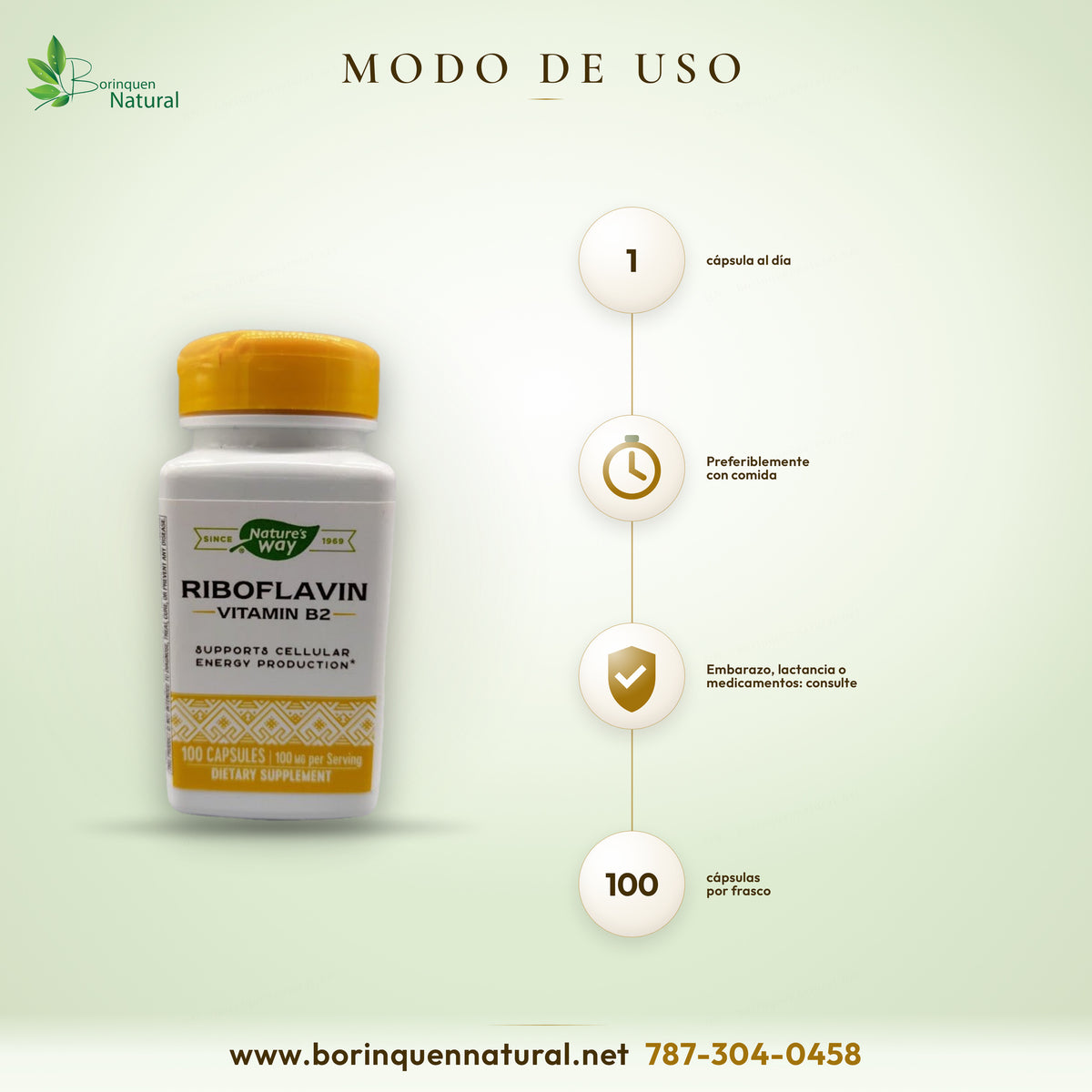 Modo de uso de la vitamina B2 Nature's Way: 1 cápsula al día, preferiblemente con comida