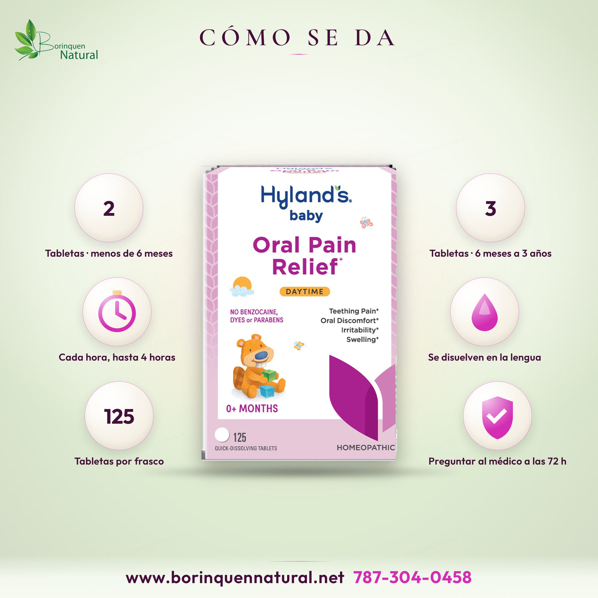 Dosis de Hyland's Baby Oral Pain Relief según los Drug Facts: 2 tabletas en menores de 6 meses y 3 tabletas de 6 meses a 3 años