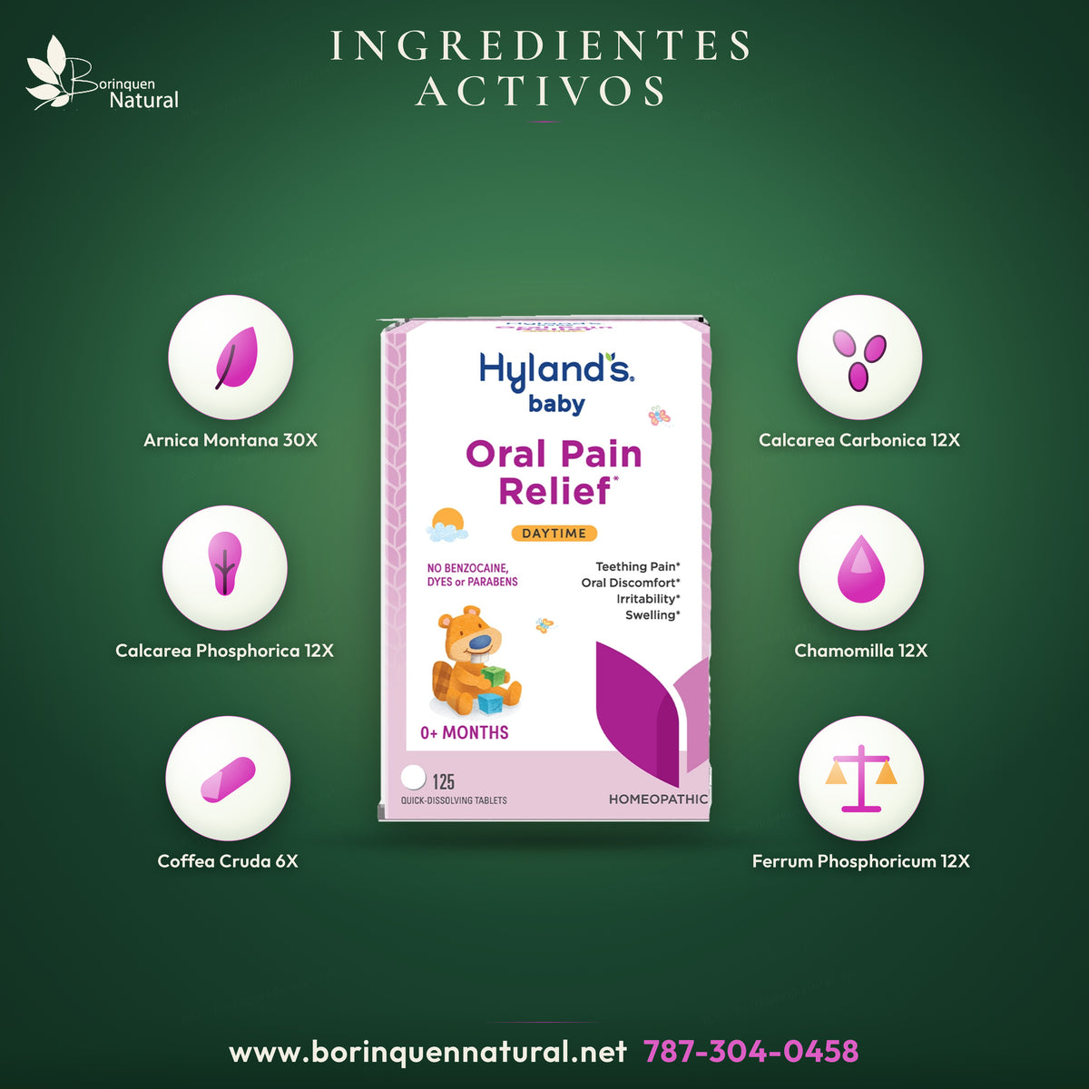 Ingredientes activos de Hyland's Baby Oral Pain Relief: árnica montana, calcarea carbonica y phosphorica, chamomilla, coffea cruda y ferrum phosphoricum