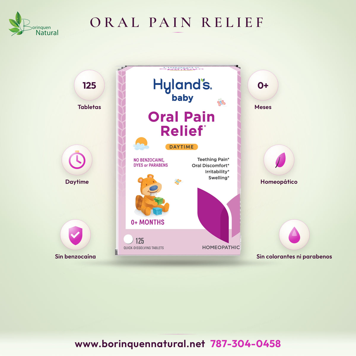 Hyland's Baby Oral Pain Relief Daytime, 125 tabletas homeopáticas de disolución rápida para bebés desde 0 meses, sin benzocaína