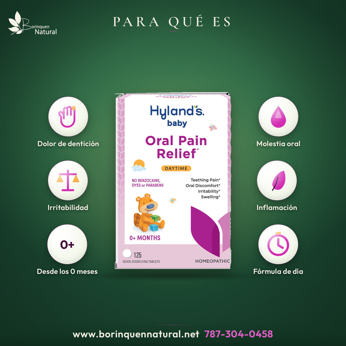Hyland's Baby Oral Pain Relief Daytime: la caja indica dolor de dentición, molestia oral, irritabilidad e inflamación de encías