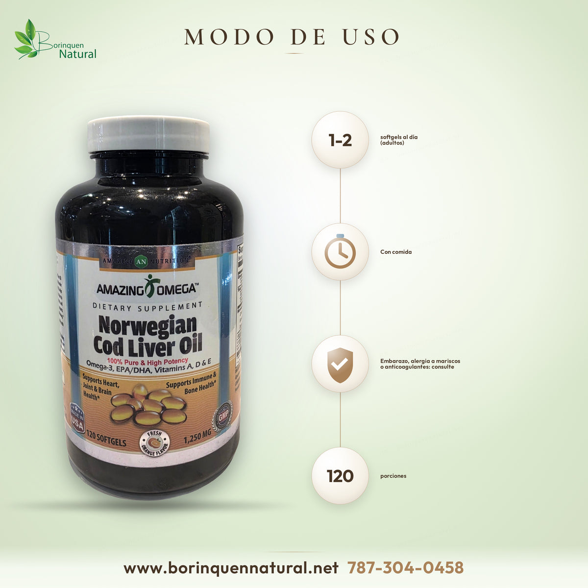 Modo de uso del aceite de bacalao Amazing Omega: adultos, 1 a 2 softgels al día con comida