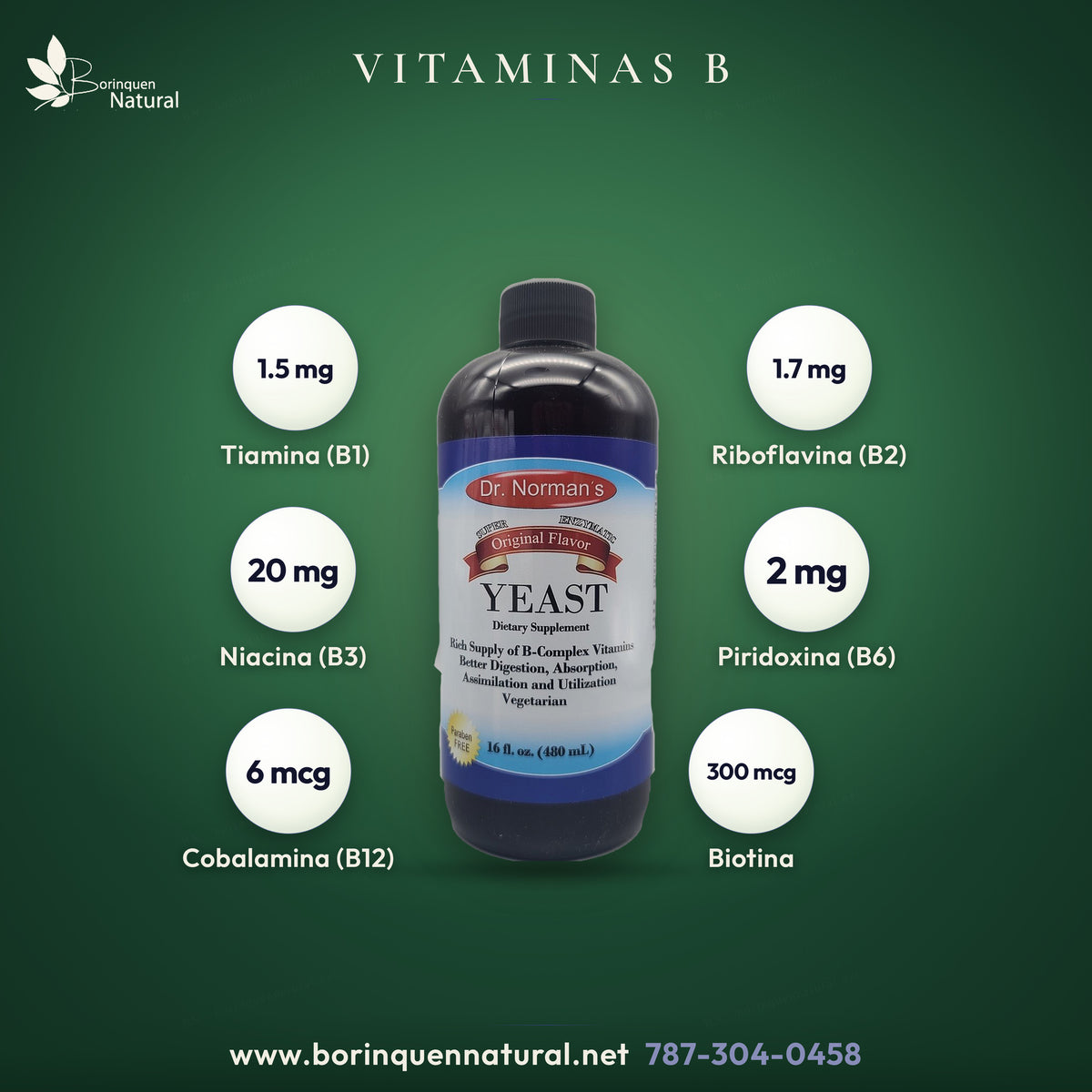 Vitaminas del B-Complex líquido por porción: tiamina, riboflavina, niacina, B6, ácido fólico, B12, biotina y ácido pantoténico