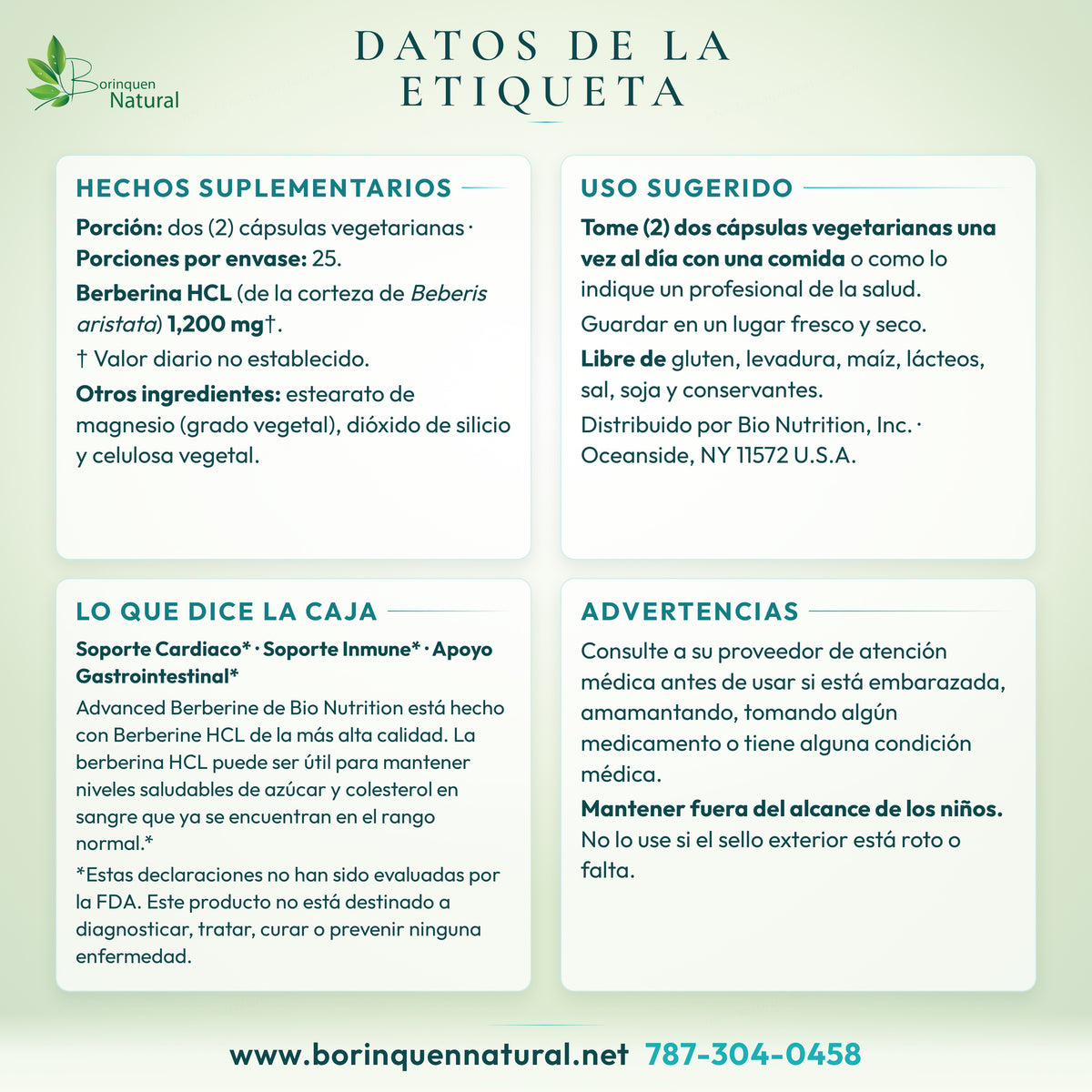 Datos de la etiqueta de Berberina Bio Nutrition: hechos suplementarios, uso sugerido, descripción con su aviso de la FDA y advertencias