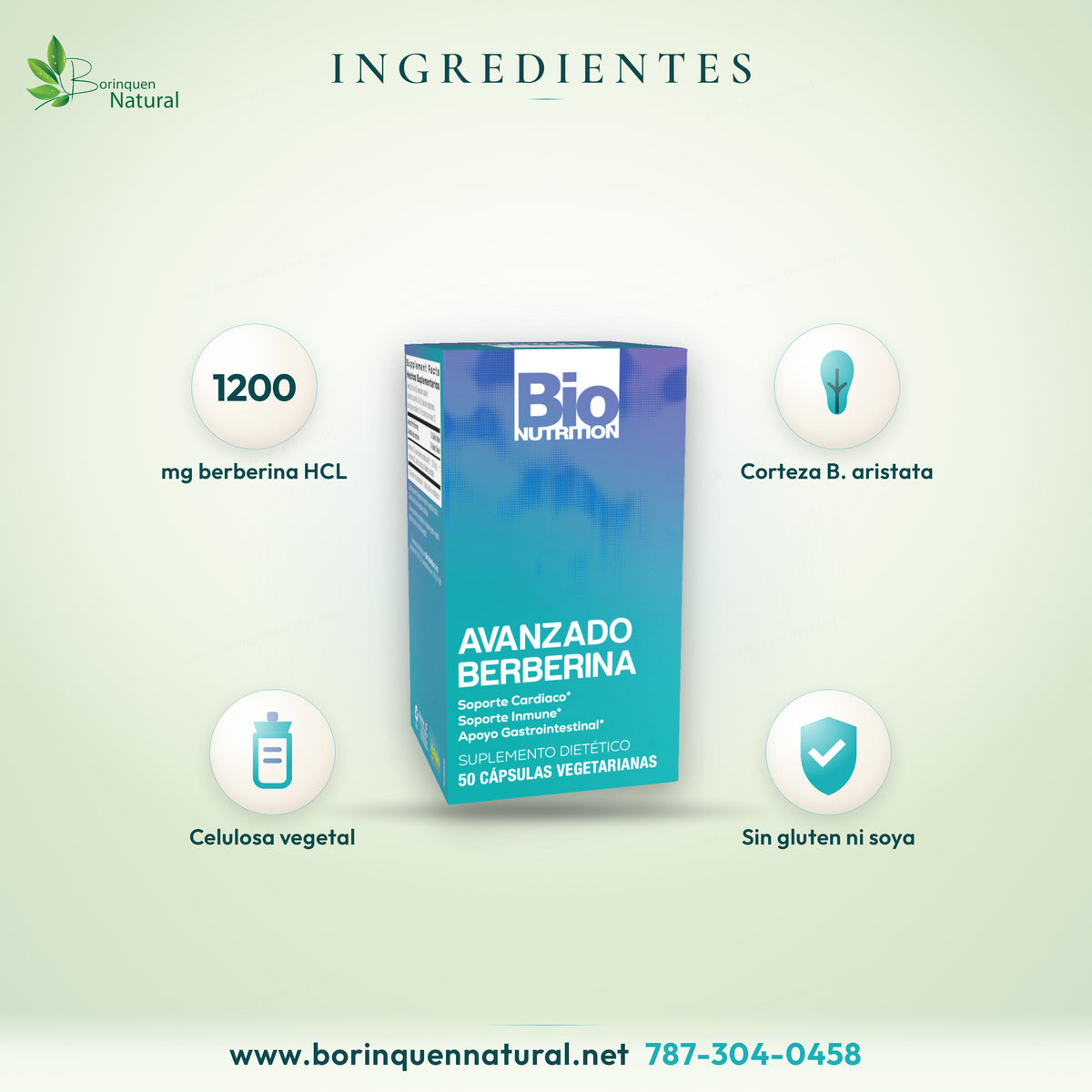 Ingredientes de Berberina Bio Nutrition por porción de 2 cápsulas: 1,200 mg de berberina HCL de la corteza de Berberis aristata