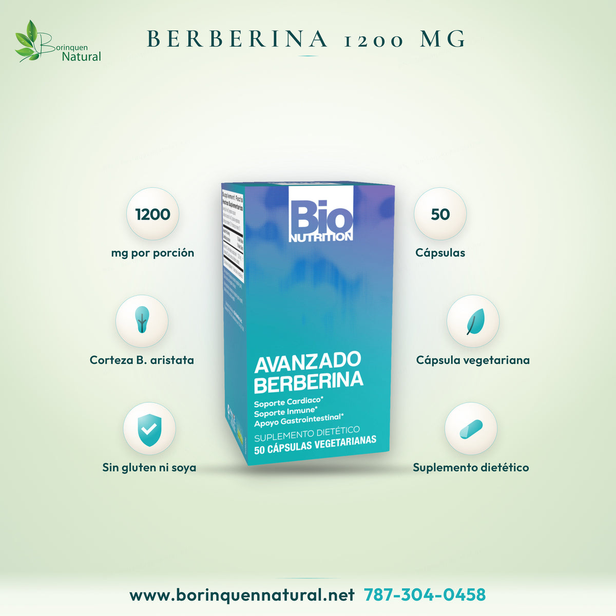 Avanzado Berberina de Bio Nutrition, 1,200 mg de berberina HCL por porción, suplemento dietético, 50 cápsulas vegetarianas