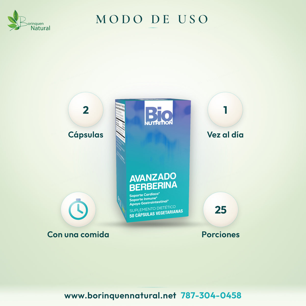 Modo de uso de Berberina Bio Nutrition: tome dos cápsulas vegetarianas una vez al día con una comida; 25 porciones por envase