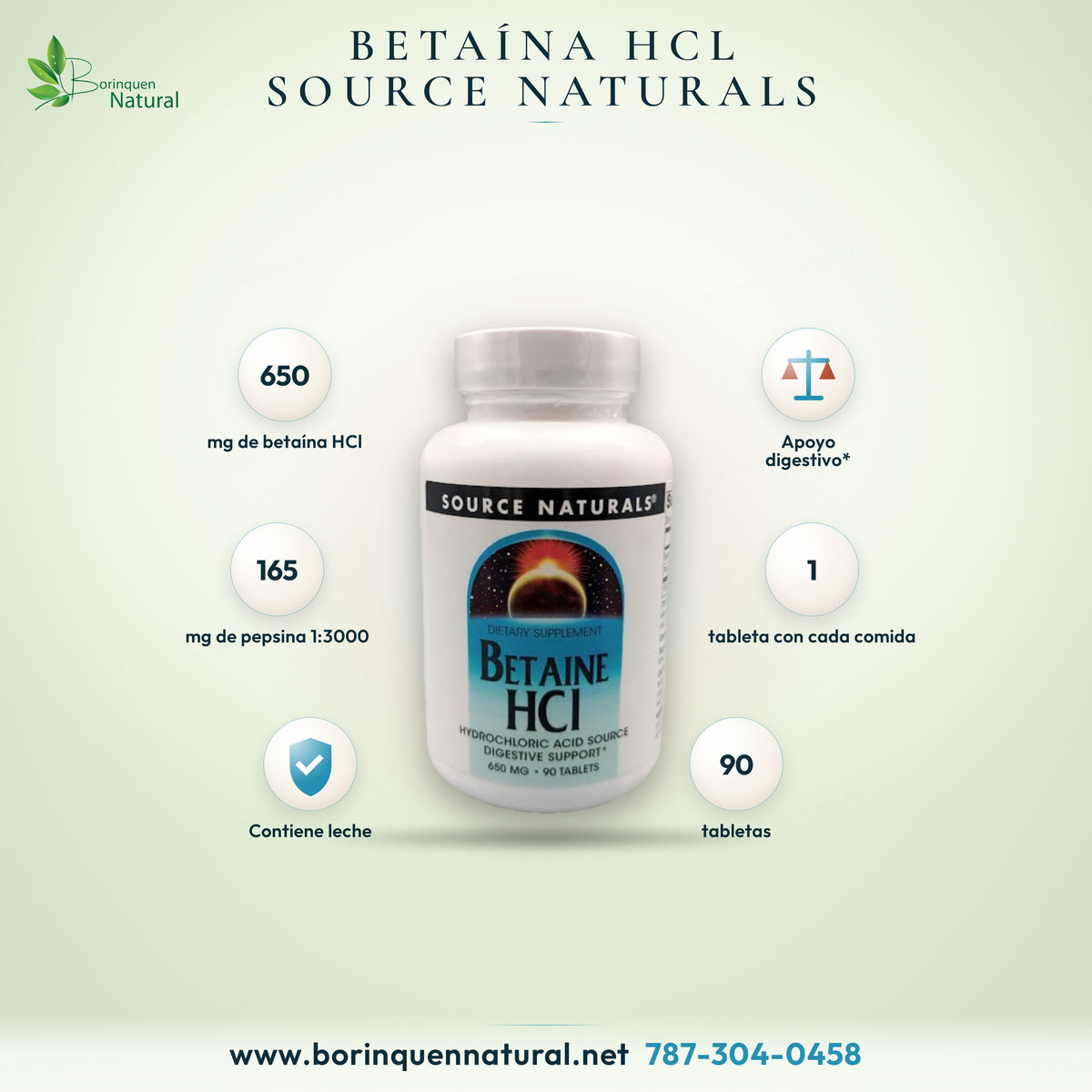Betaine HCl 650 mg de Source Naturals con pepsina, fuente de ácido clorhídrico y apoyo digestivo, 90 tabletas