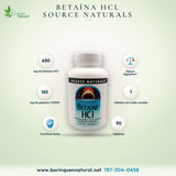 Betaína HCl 650 mg con Pepsina Source Naturals 90 Tabletas