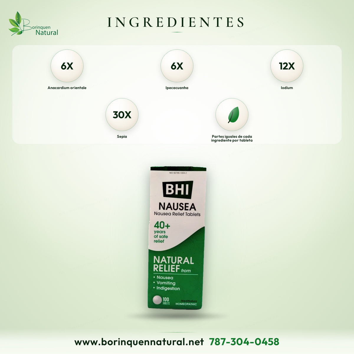 Ingredientes activos de BHI Nausea: Anacardium orientale, Ipecacuanha, Sepia y 4 más, en partes iguales por tableta