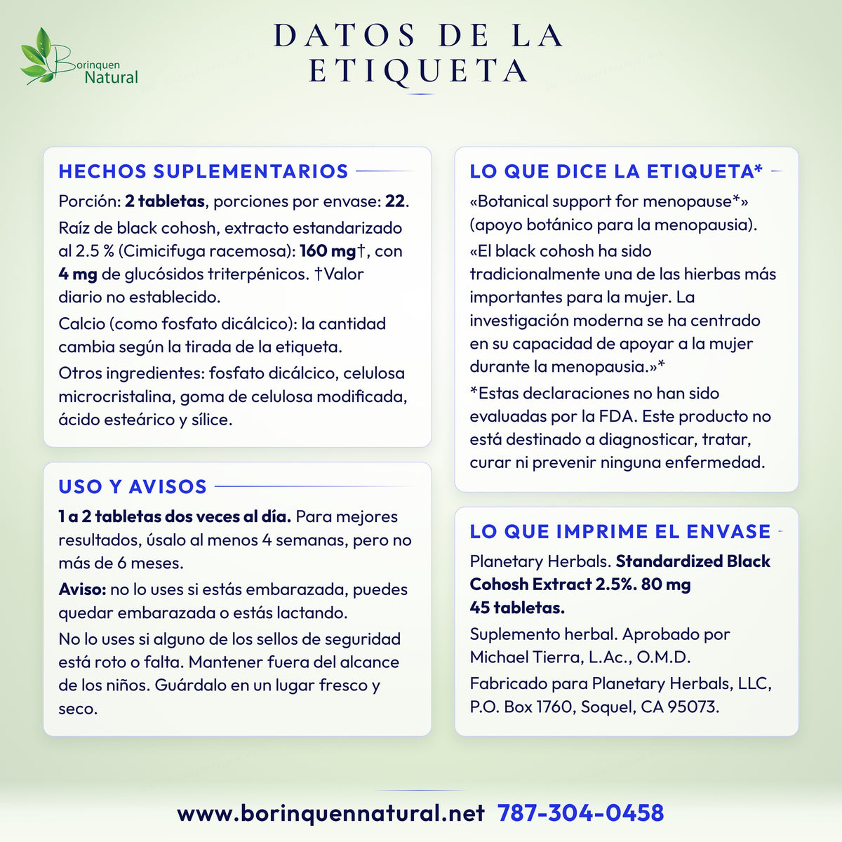 Datos de la etiqueta del black cohosh Planetary Herbals: hechos suplementarios, frases de la marca, uso y avisos