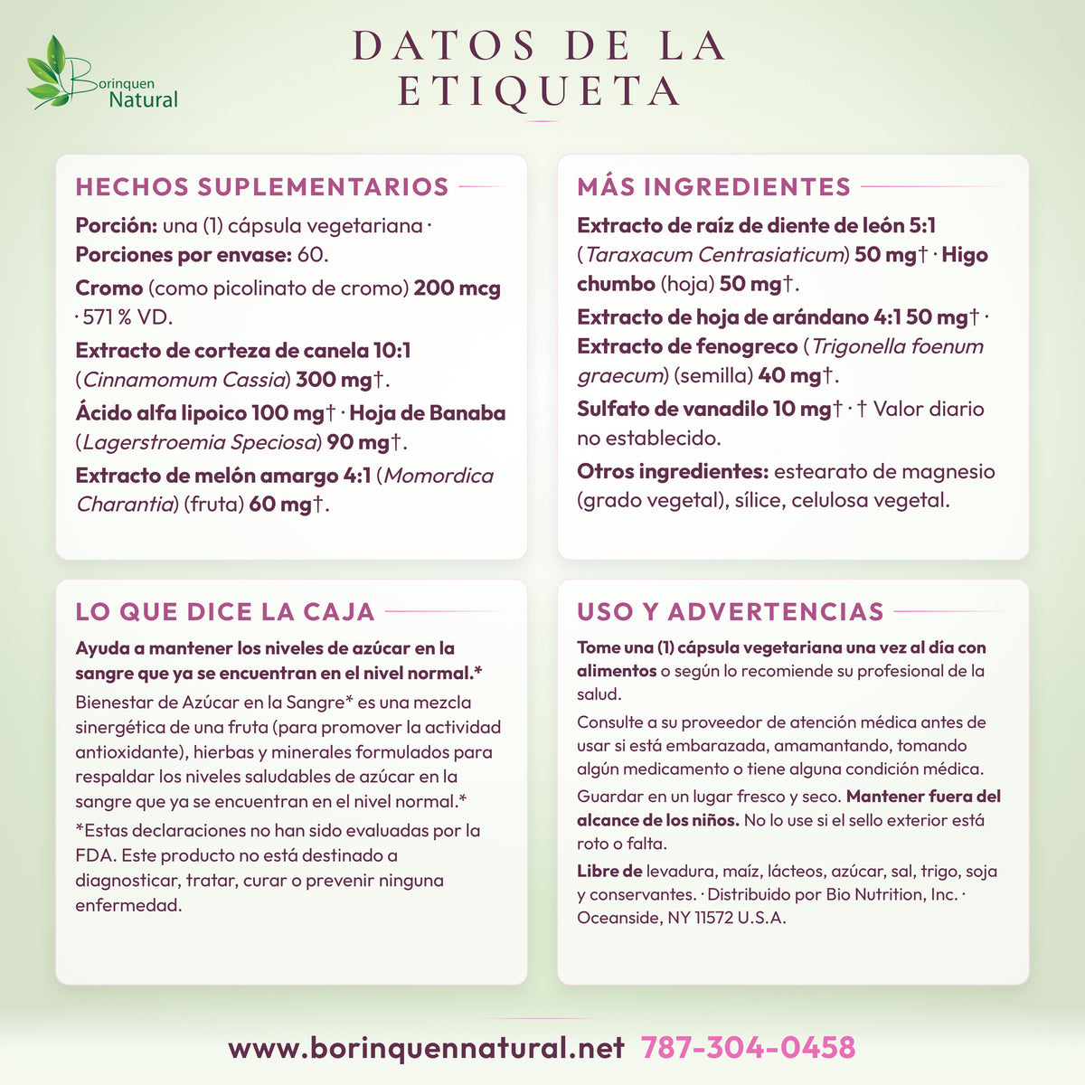 Datos de la etiqueta de Blood Sugar Wellness Bio Nutrition: hechos suplementarios, descripción con su aviso de la FDA, uso sugerido y advertencias