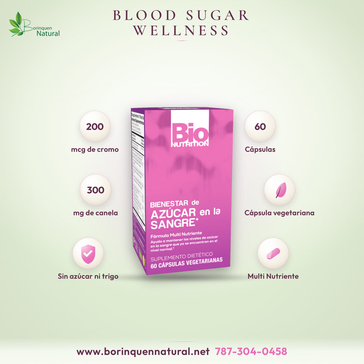 Bienestar de Azúcar en la Sangre de Bio Nutrition, fórmula multi nutriente, suplemento dietético, 60 cápsulas vegetarianas
