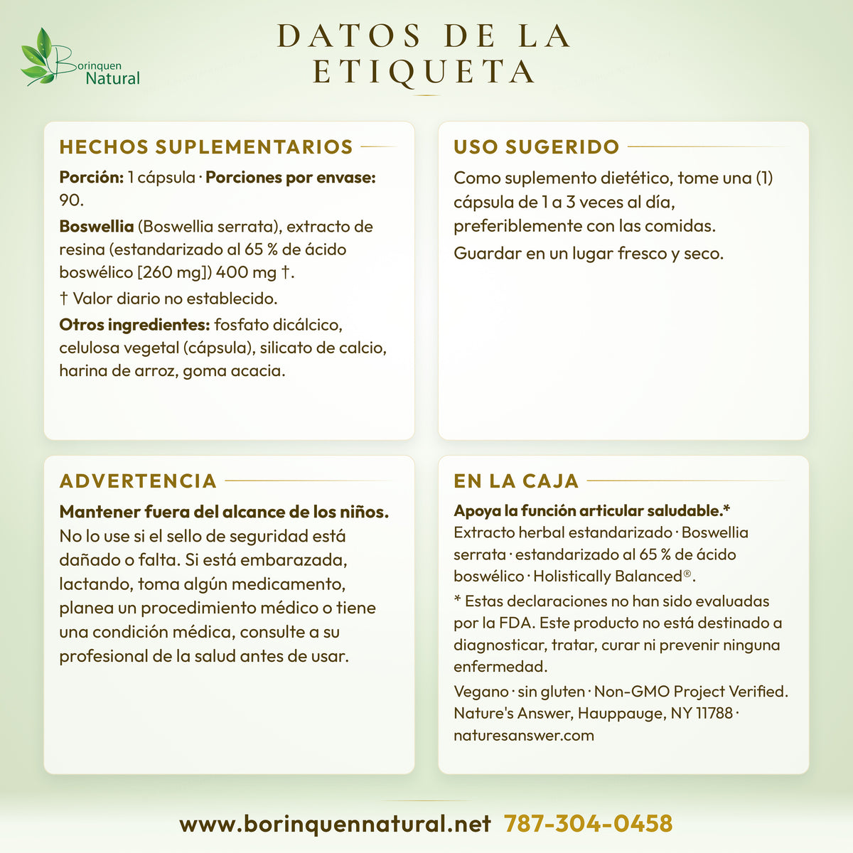Datos de la etiqueta de la Boswellia de Nature's Answer: hechos suplementarios, uso y advertencia