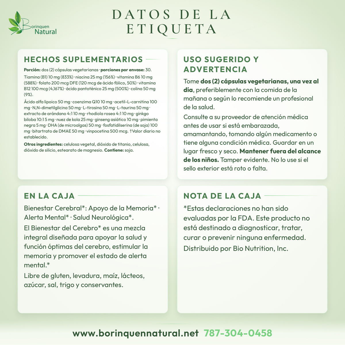 Datos de la etiqueta del Brain Wellness de Bio Nutrition: hechos suplementarios, otros ingredientes, uso sugerido, advertencia y lo que dice la caja