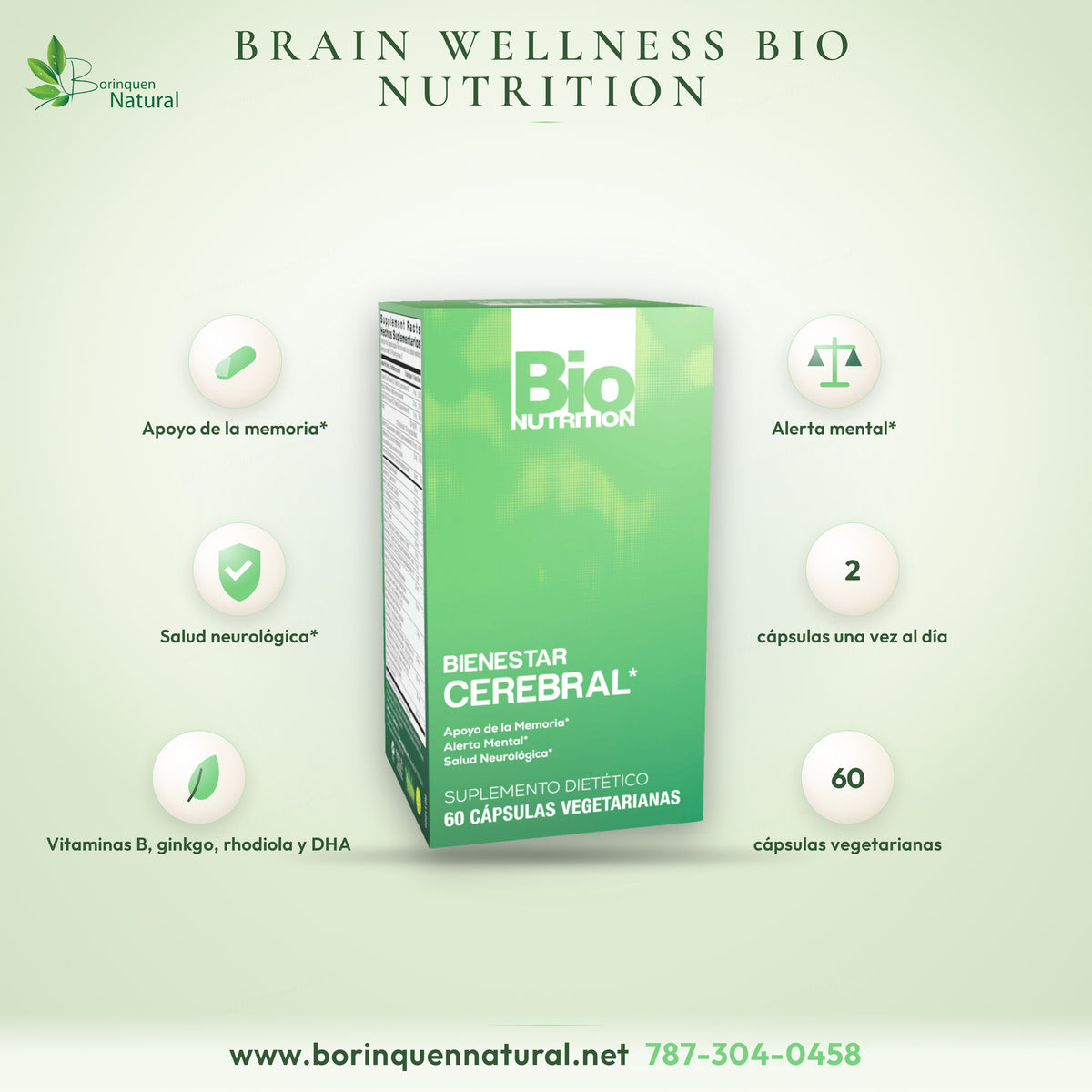Brain Wellness (Bienestar Cerebral) de Bio Nutrition: apoyo de la memoria, alerta mental y salud neurológica, caja de 60 cápsulas vegetarianas