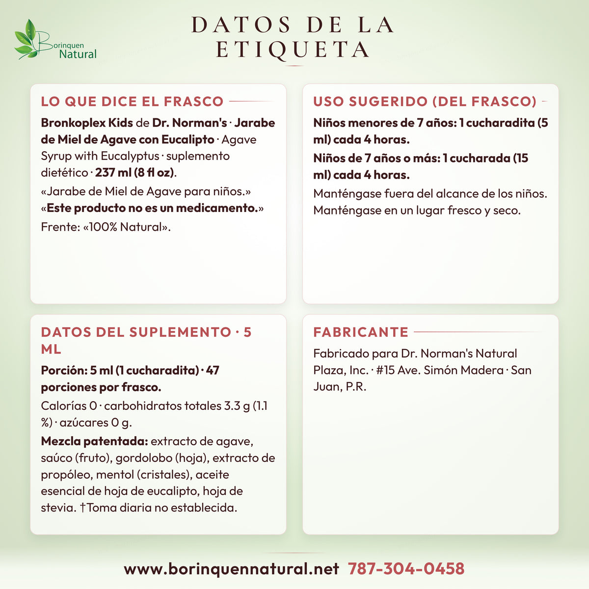 Datos de la etiqueta de Bronkoplex Kids de Dr. Norman's: uso sugerido por edad, Datos del Suplemento e ingredientes