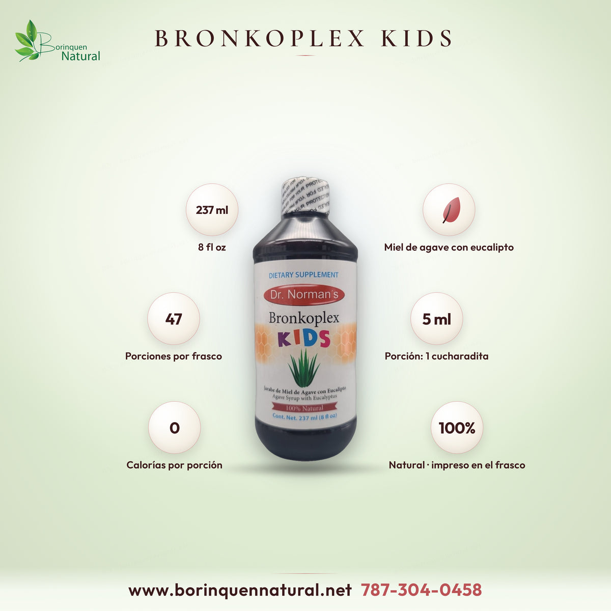 Bronkoplex Kids de Dr. Norman's, jarabe de miel de agave con eucalipto para niños, 237 ml (8 fl oz)