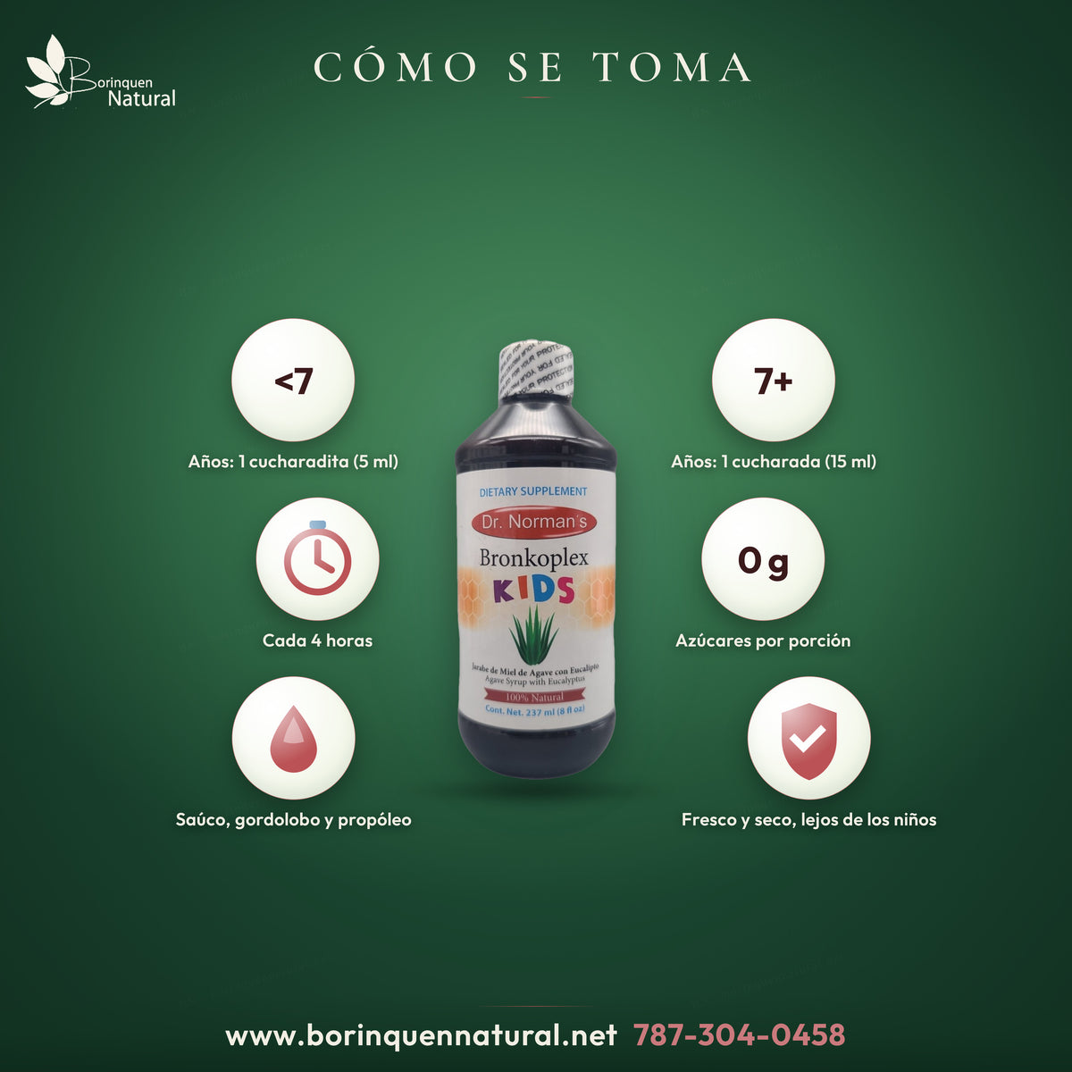 Uso de Bronkoplex Kids: menores de 7 años 1 cucharadita (5 ml) y de 7 años o más 1 cucharada (15 ml), cada 4 horas
