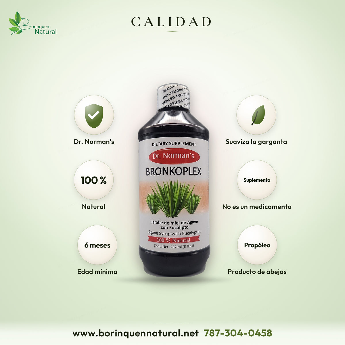 Bronkoplex de Dr. Norman's Natural Plaza, hecho en San Juan de Puerto Rico, 100 % natural, no es un medicamento y contiene propóleo