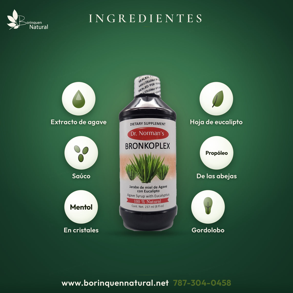 Ingredientes de Bronkoplex: extracto de agave, hoja de eucalipto, saúco, propóleo, cristales de mentol y gordolobo
