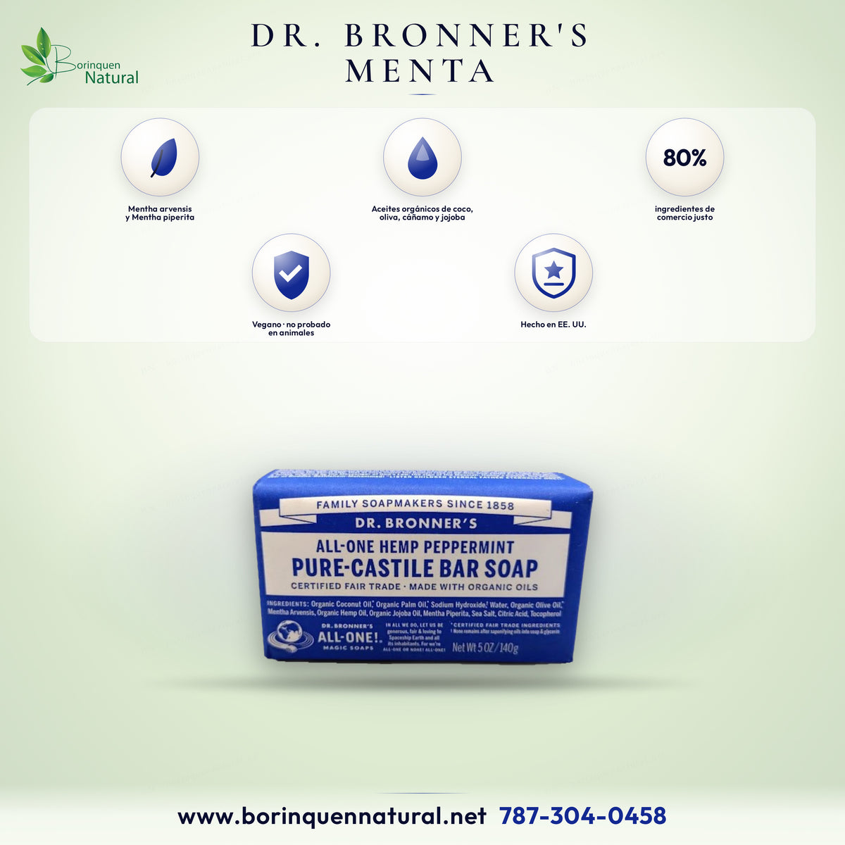 Jabón de Castilla en barra Dr. Bronner's All-One Hemp Peppermint, hecho con aceites orgánicos, 5 oz (140 g)