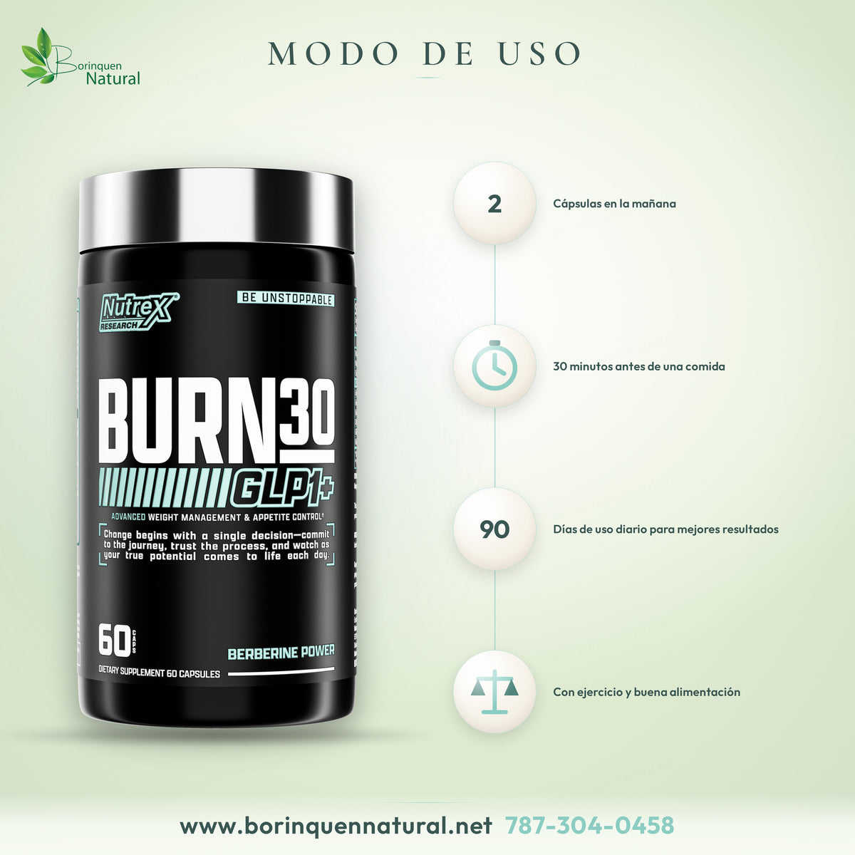 Modo de uso de Burn30 GLP1+ de Nutrex: 2 cápsulas en la mañana, 30 minutos antes de una comida, a diario por 90 días