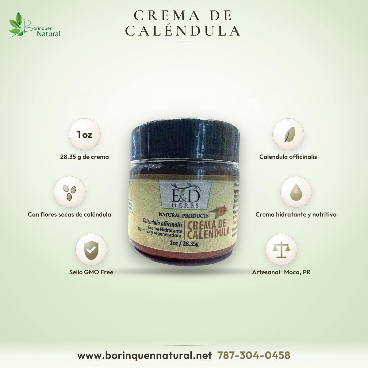 Crema de Caléndula de E&D Herbs, crema hidratante artesanal con Calendula officinalis hecha en Moca, Puerto Rico, frasco de 1 oz (28.35 g)