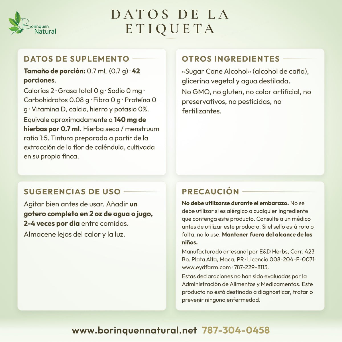 Datos de la etiqueta del extracto líquido de caléndula E&D Herbs: datos de suplemento, otros ingredientes, sugerencias de uso y precaución