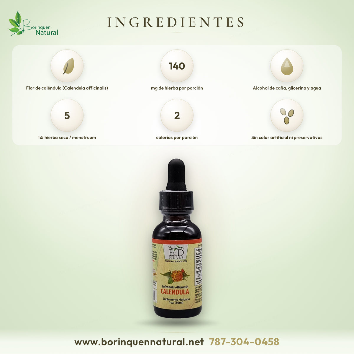 Ingredientes del extracto de caléndula E&D Herbs: tintura de flor de caléndula en alcohol de caña, glicerina vegetal y agua destilada, proporción 1:5