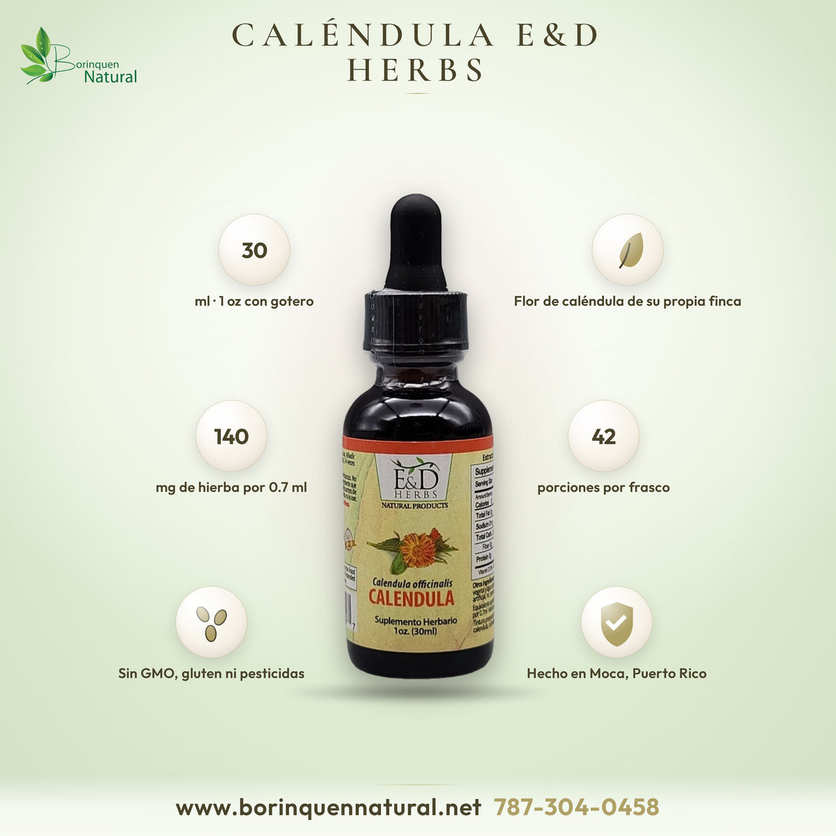 Extracto líquido de caléndula (Calendula officinalis) de E&D Herbs, suplemento herbario en frasco gotero de 1 oz (30 ml), hecho en Moca, Puerto Rico