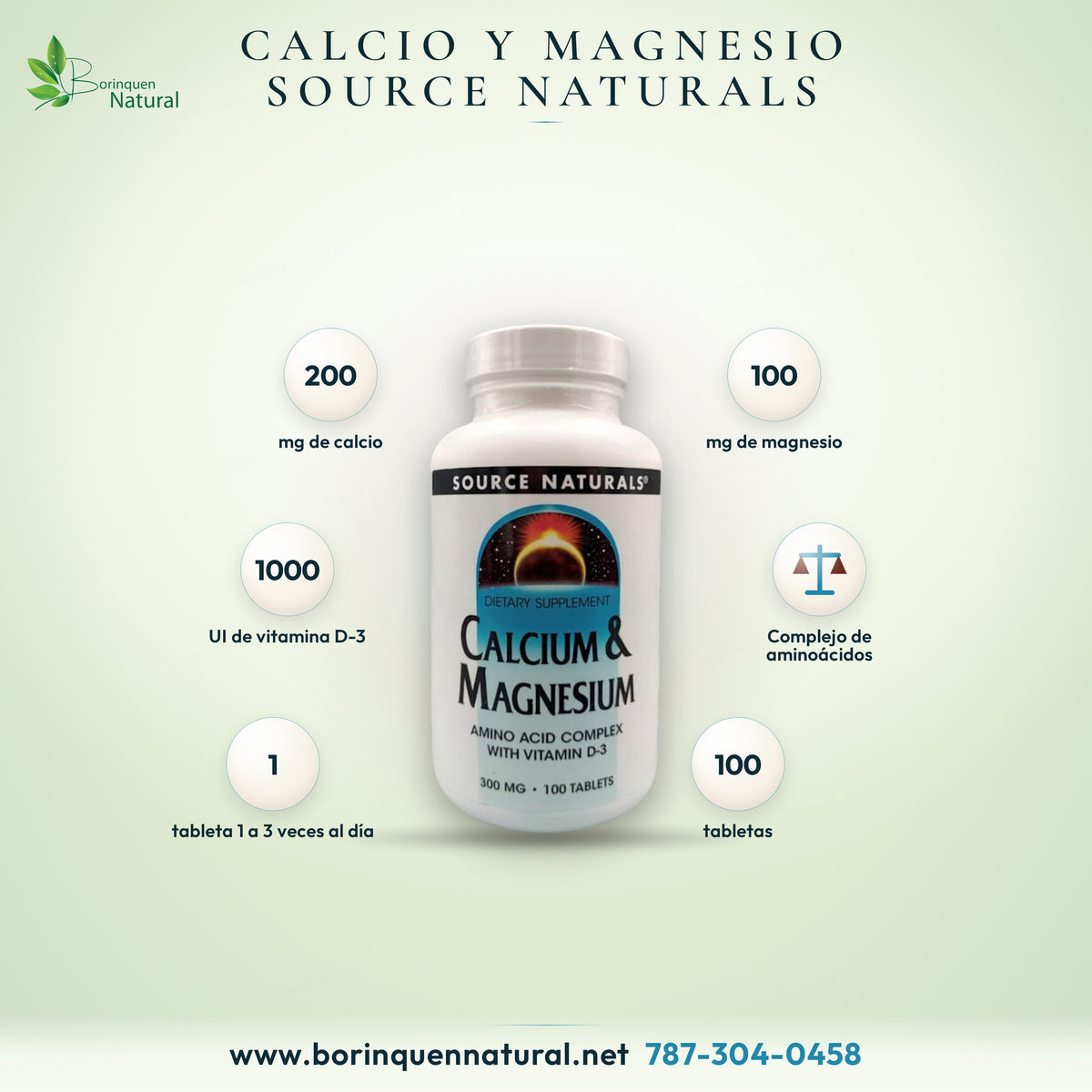 Calcium & Magnesium de Source Naturals, calcio y magnesio en complejo de aminoácidos con vitamina D-3, 300 mg, frasco de 100 tabletas