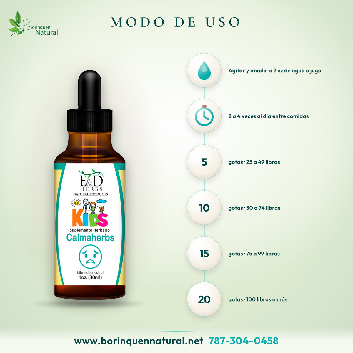 Modo de uso del Glicerito Calmaherbs: agitar, añadir las gotas a 2 oz de agua o jugo de 2 a 4 veces al día entre comidas, según el peso del niño