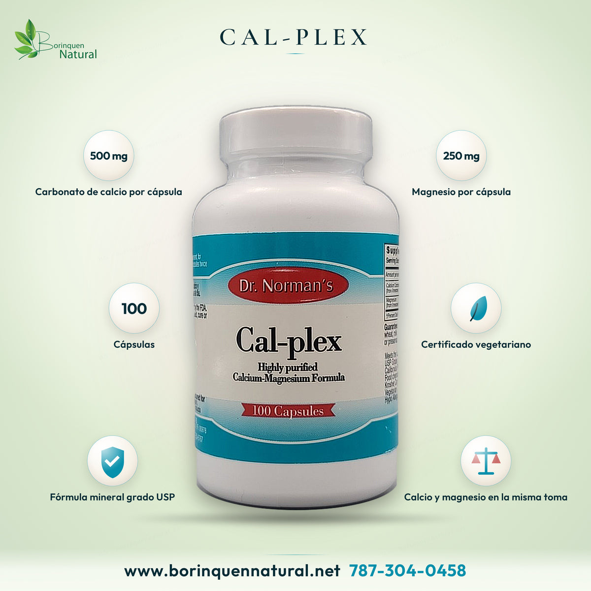 Cal-plex de Dr. Norman's, fórmula de calcio y magnesio, frasco de 100 cápsulas con 500 mg de carbonato de calcio y 250 mg de magnesio