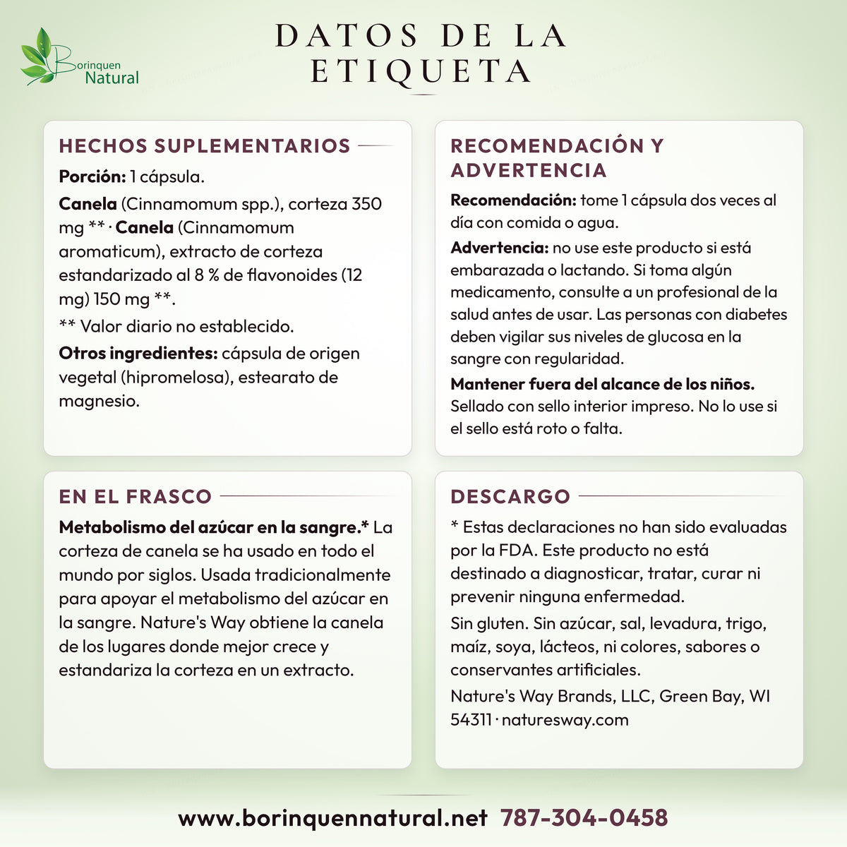 Datos de la etiqueta de la canela de Nature's Way: hechos suplementarios, recomendación, advertencia y lo que dice el frasco