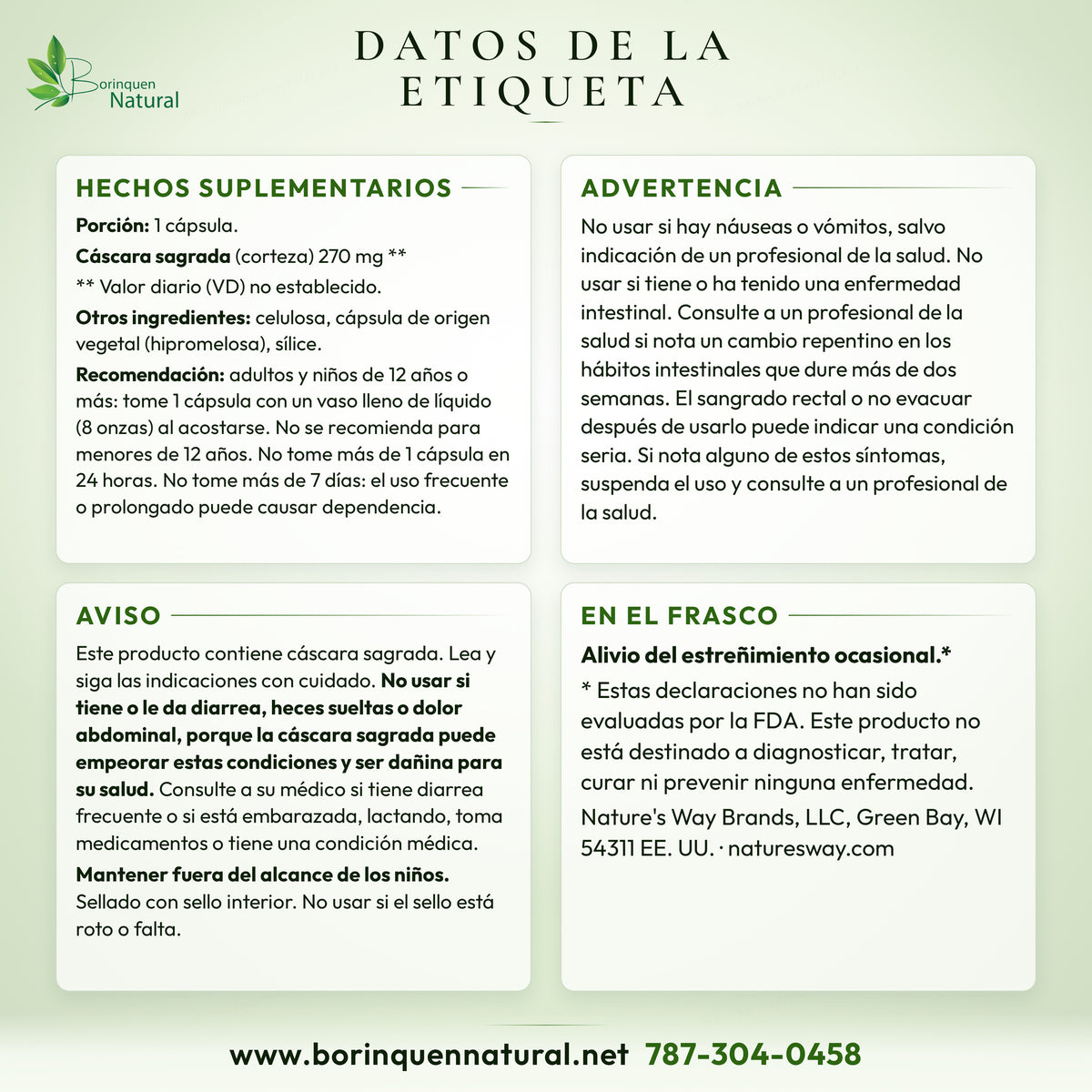 Datos de la etiqueta de la cáscara sagrada de Nature's Way: hechos suplementarios, recomendación, advertencia y aviso